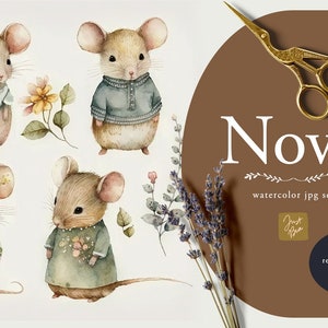 Watercolor Mice Illustration, Watercolor Cute Mice, Watercolor Whimsical Animals, Mice Clipart Bundle, Whimsical Mice Clipart