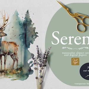 Deer Clipart, Watercolor Clipart Set, Watercolor Trees - Watercolor Deers, Watercolor Mountains- Watercolor Cliparts Set, Clipart Collection