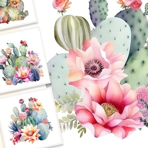 Watercolor Cactus Clipart, Cacti Digital Illustration Bundle, Printable Cactus Art, Digital Crafting, Paper Craft Collage, Succulent Clipart