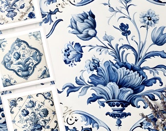 Delft Tile Clipart, Watercolor Clipart, Vintage tile clipart, Blue white tile, Design Bundle, Junk Journal, Paper Crafts, Scrapbooking