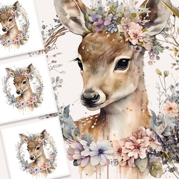Watercolor Baby Deer, Watercolor Fawn, Fawn in Flower Wreath, Nursery Art, Commercial Use, Clipart, Watercolor Deer