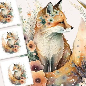 Fox Clipart, Aquarelle Fox Clipart, Illustration de renard, Art mural de pépinière, Clipart de pépinière, Clipart d’animaux de pépinière de bois, Pépinière Boho
