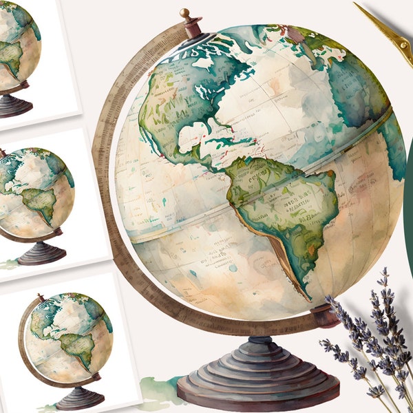 World Globe Map Clipart, World Globe Clipart, Watercolor World Globe Map, Watercolor Globe, Back to School Clipart, Instant Download