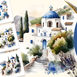 Clipart de maisons cycladiques, aquarelle maison Clipart, Architecture grecque, Art méditerranéen, île Vibes, aquarelle de maisons cycladiques
