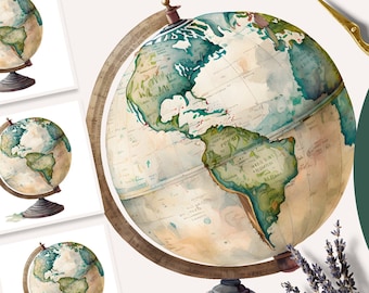World Globe Map Clipart, World Globe Clipart, Watercolor World Globe Map, Watercolor Globe, Back to School Clipart, Instant Download