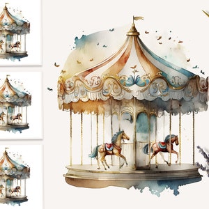 Carrousel aquarelle Clipart, cheval de carrousel, carrousel pépinière Art, Shower de bébé, carnaval Clipart, carrousel poney, anniversaire Clipart, chevaux