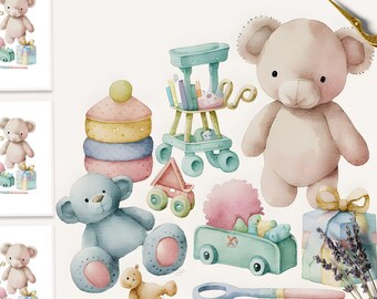 Watercolor baby toys clipart. Baby shower clipart. Nursery clipart. Birthday baby DIY clipart. Newborn cute kids accessories