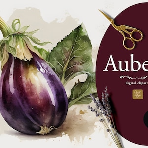 Clipart d'aubergine aquarelle, graphiques d'aubergine, téléchargement numérique, alimentation saine, légumes, végétarien, végétalien, printemps, Clipart d'aubergine
