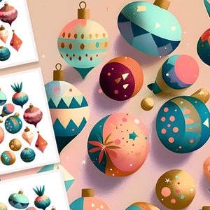 Clipart de enfeites, enfeites de guache, ilustrações de enfeites, clipart de enfeites vintage, gráficos de enfeites, enfeites de Natal, download instantâneo