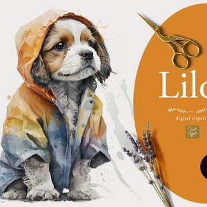 Puede incluir: Una ilustración de acuarela de un perro pequeño con un impermeable amarillo y azul con capucha. El perro está sentado sobre un fondo blanco con salpicaduras de pintura azul y blanca. La imagen se titula "Lilo" y está etiquetada como un clipart digital.
