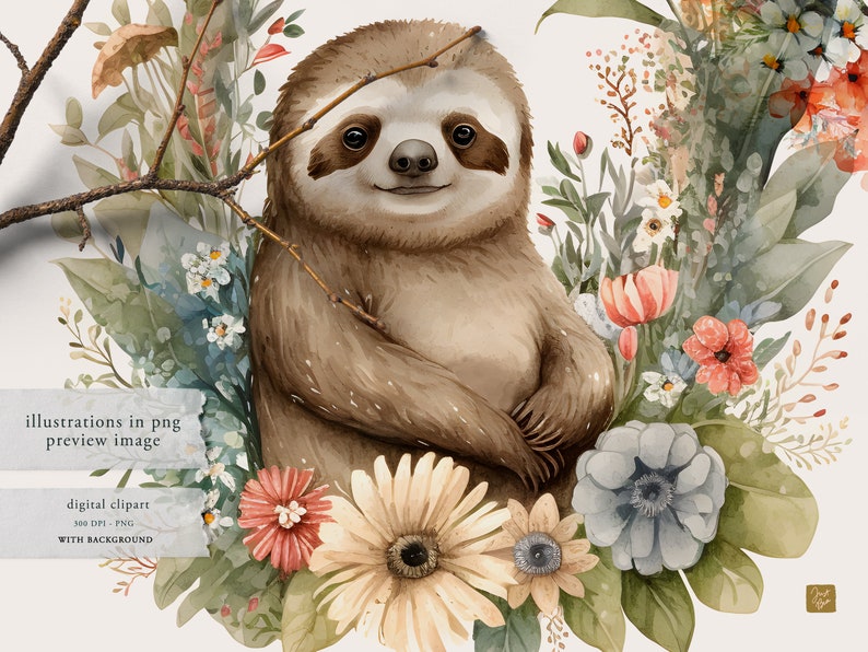 Watercolor Sloth Clipart, Sloth Clipart, Sloth Illustration, Watercolor ...