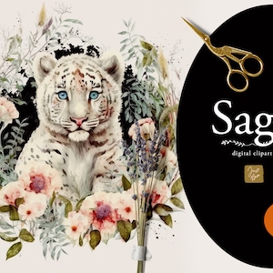 Watercolor White Tiger Clipart, Watercolor White Tiger Commercial Use, Whimsical Watercolor White Tiger, Watercolor Tiger with Flowers