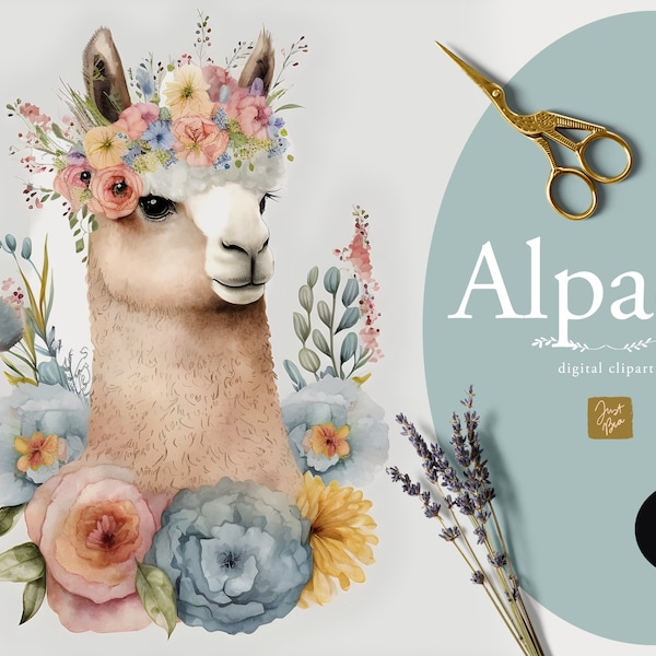 Lamas Clipart, alpaga Clipart, couronne de fleurs Pastel, mignon Animal Png, mignon alpaga Clipart, Lama avec des fleurs, aquarelle Clipart Bundle