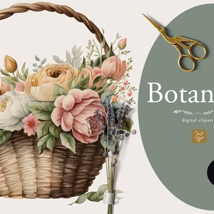 Watercolor Flower Bucket Clipart, Botanical Clipart, Flowers Illustration, Watercolor Whimsical Flowers, Watercolor Digital Clipart