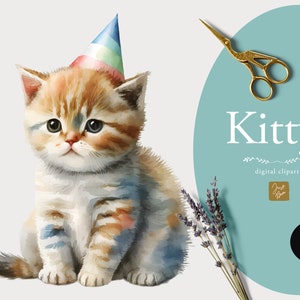 Cats Clipart, Watercolor Cute Cats Clipart Set - Cats with Birthday Hats for Birthday Cards, Invitations, Scrapbooking, Watercolor Cats