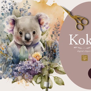 Koala Clipart, Watercolor Koala Clipart, Watercolor Clipart, Whimsical Watercolor Koalas, Watercolor Koalas Clipart Set, Botanical Clipart