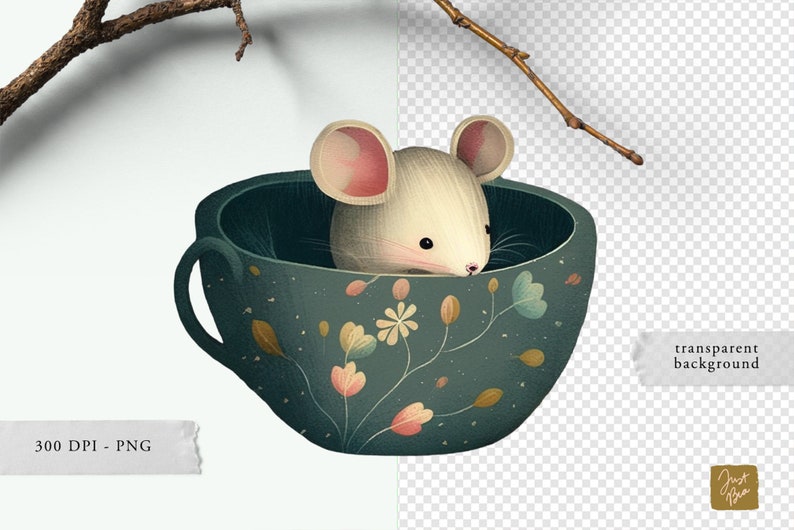 Mouse Clipart, Mouse in Teacup Clipart, Whimsical Mouse Clipart, Cute