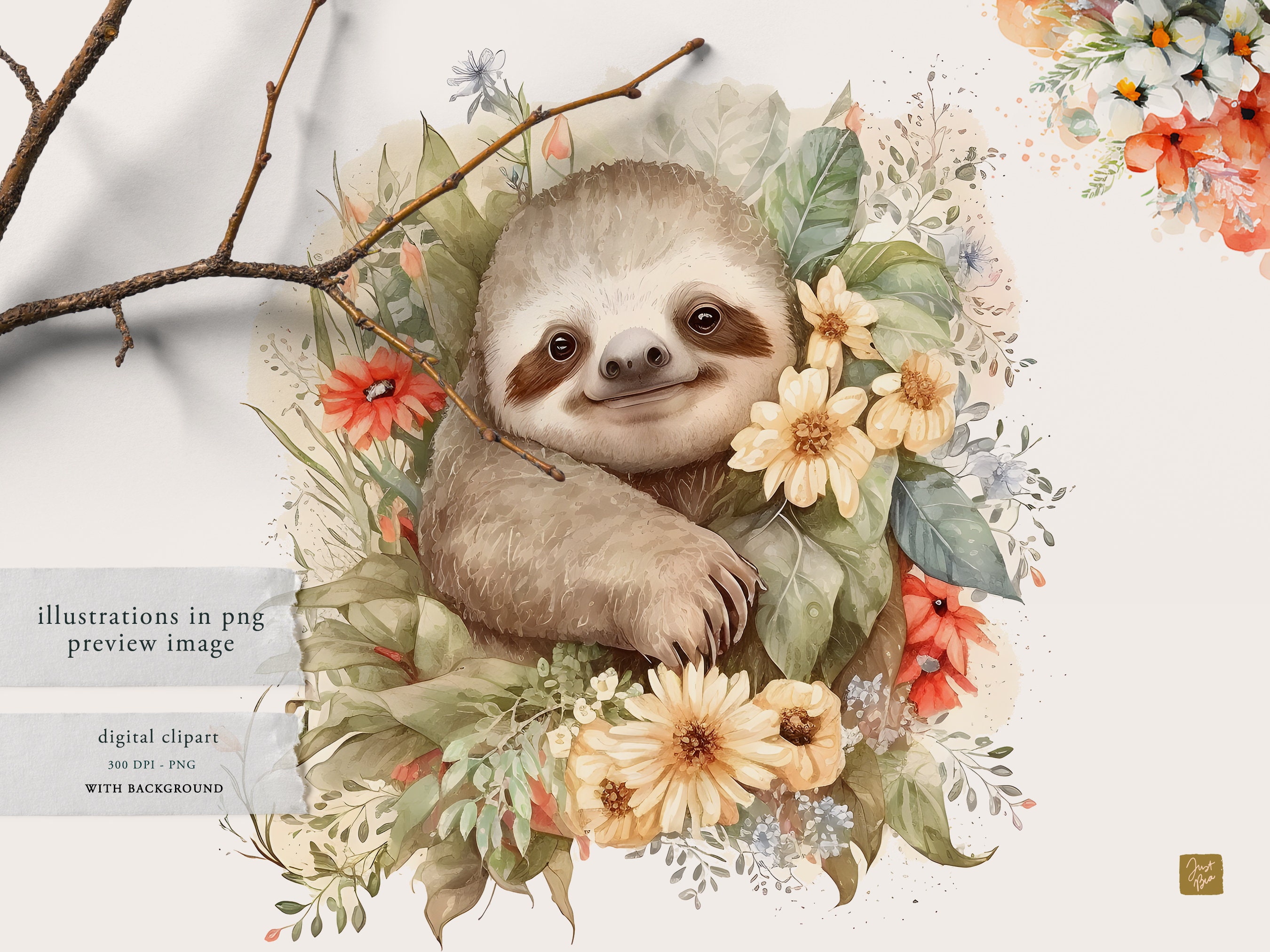 Watercolor Sloth Clipart, Sloth Clipart, Sloth Illustration, Watercolor ...