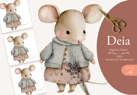 Watercolor Mouse Illustration, Watercolor Cute Mouse, Watercolor Whimsical Animal, Mouse Clipart, Whimsical Mouse Clipart, Watercolor Mouse