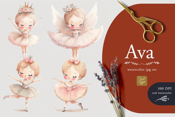 Cute Adorable Set of 48 Watercolor Ballerinas Illustrations, Watercolor Cute Ballerinas, Watercolor Whimsical Ballerinas, Ballerinas Set