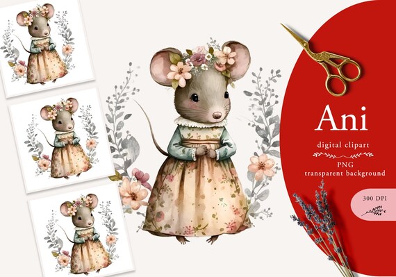 Watercolor Mouse Illustration, Watercolor Cute Mouse, Watercolor Whimsical Animal, Mouse Clipart, Whimsical Mouse Clipart, Watercolor Mouse