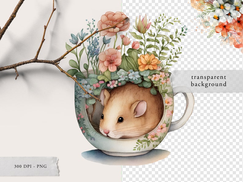 Mouse In Teacup Mice Clipart, Mice in Tea Cups, Mice Whimsical Clipart Set - Watercolor ...
