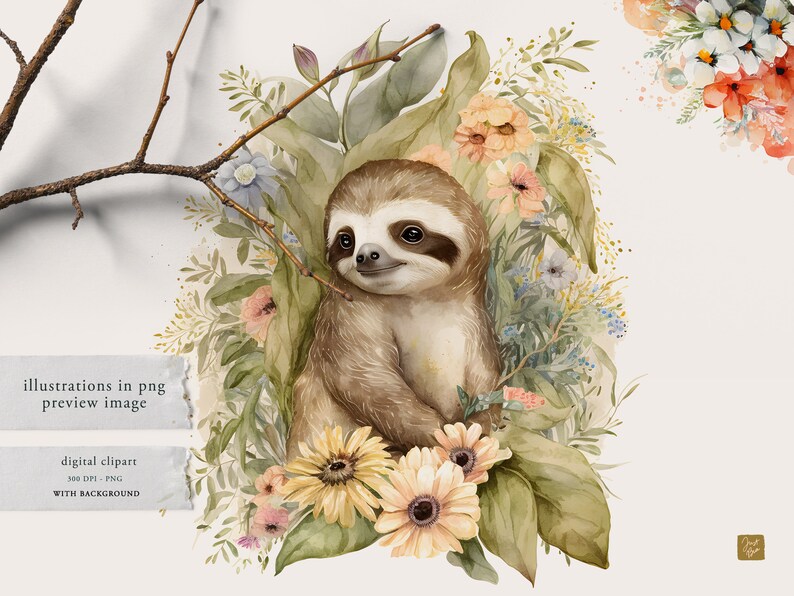 Watercolor Sloth Clipart, Sloth Clipart, Sloth Illustration, Watercolor ...