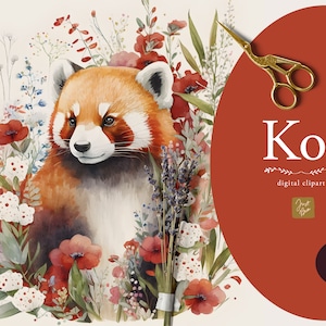 Clipart de panda rojo, pandas rojos de acuarela, pandas rojos de acuarela caprichosos, conjunto de imágenes prediseñadas de pandas rojos de acuarela, imágenes prediseñadas botánicas