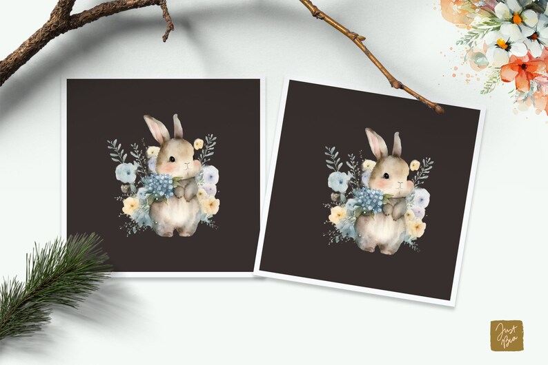 Bunny Clipart, Easter Clipart, Watercolor Bunny, Floral Bunnies Clipart ...