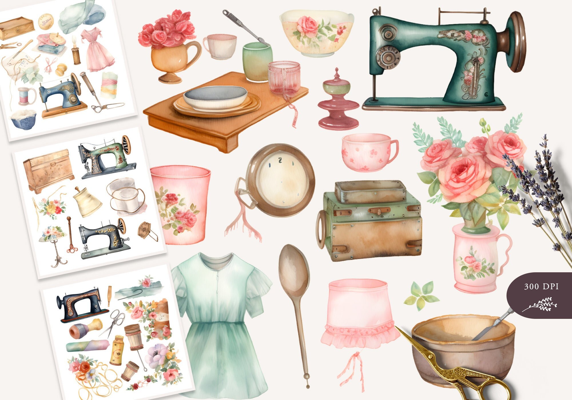 Watercolor vintage sewing kit clip art. Branding kit, sewing machine, needle, stitching, scissors, dummy model DIY clipart.