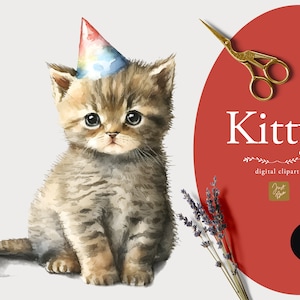 Cats Clipart, Watercolor Cute Cats Clipart Set - Cats with Birthday Hats for Birthday Cards, Invitations, Scrapbooking, Watercolor Cats