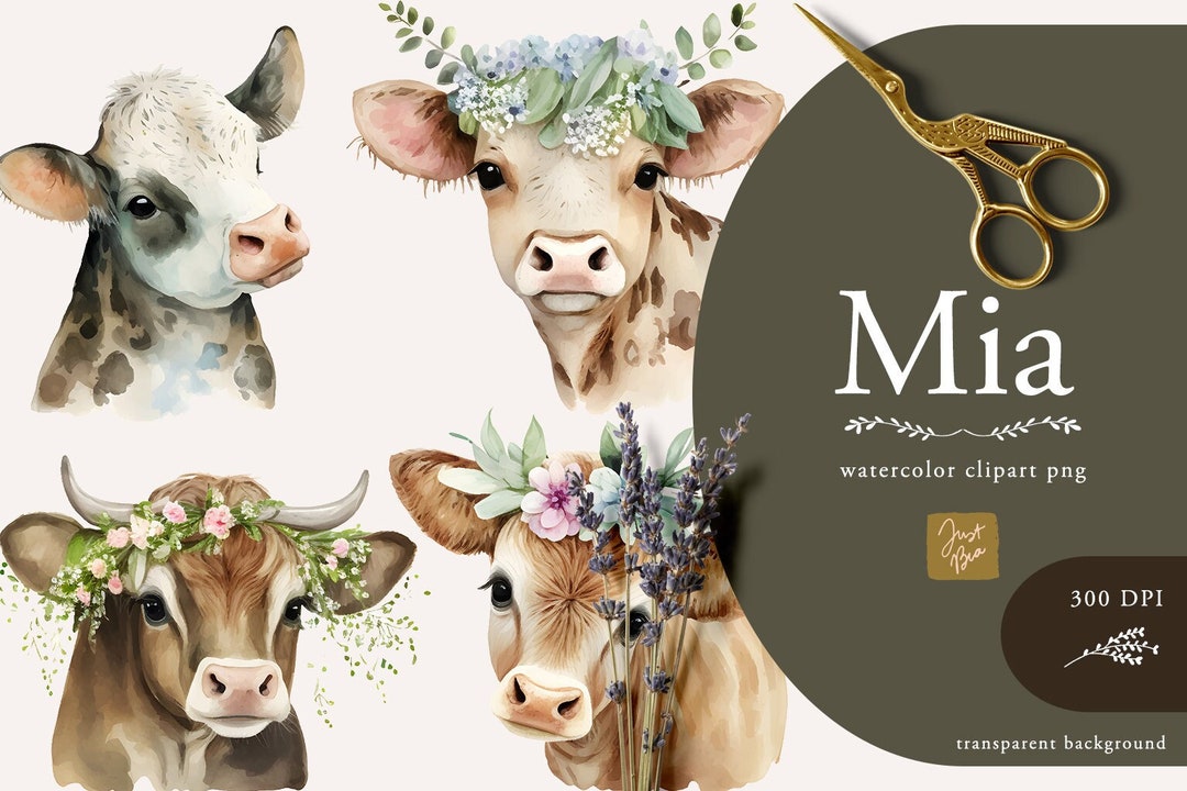 Cute Adorable Set of 4 Watercolor Cows Illustration, Watercolor Cute ...