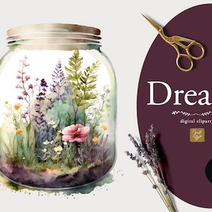 Watercolor Garden Jars Clipart - Whimsical Watercolor Garden in Glass Jars Clipart Set, Ideal Scrapbook, Junk Journal, Paper Crafts