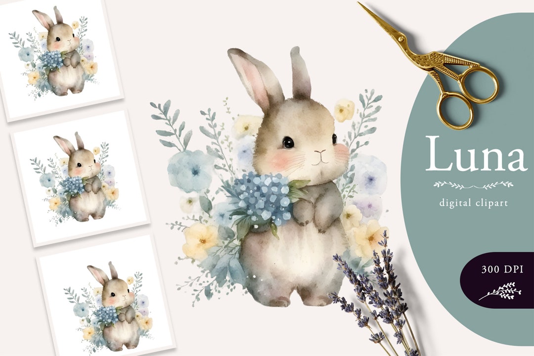 Bunny Clipart, Easter Clipart, Watercolor Bunny, Floral Bunnies Clipart ...