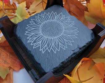 Sunflower Coasters | Slate Coasters | Gift Set | Slate Coasters and Wooden Holder | Family and Friend Gifts