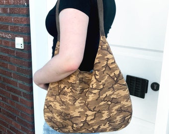 Camouflage leather bag brown beige Hobo bag medium size | Suede leather shoulder Women hand bag | handmade pouch bag minimalist design
