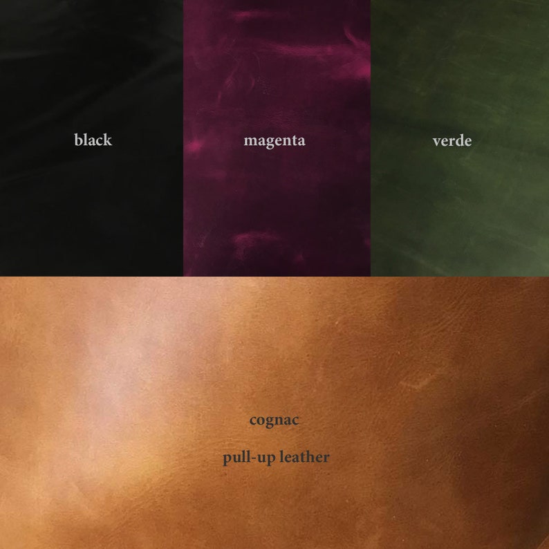 May include: A colour chart showing different leather colours. The colours are black, magenta, verde, and cognac. The cognac colour is described as "pull-up leather".
