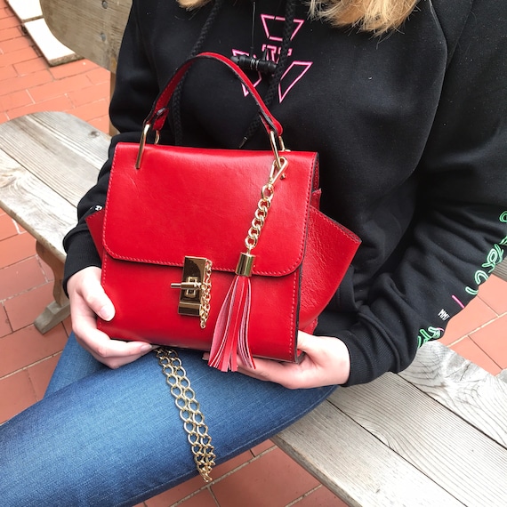 Leather Bag Red Crossbody Women Tote Handbag With Tassel 