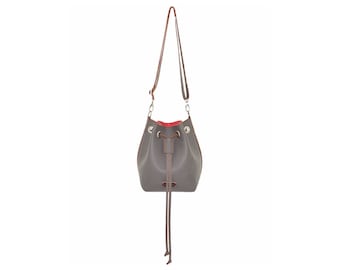 Leather bag gray Bucket Bag | Crossbody and Shoulder bag Women | Pink leather lining | Pouch medium size | handmade unique bag giftidea