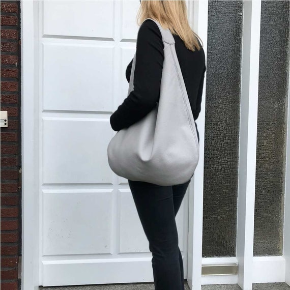 Hobo Bag Leather Grey Light Grey Oversized Women Leazher 