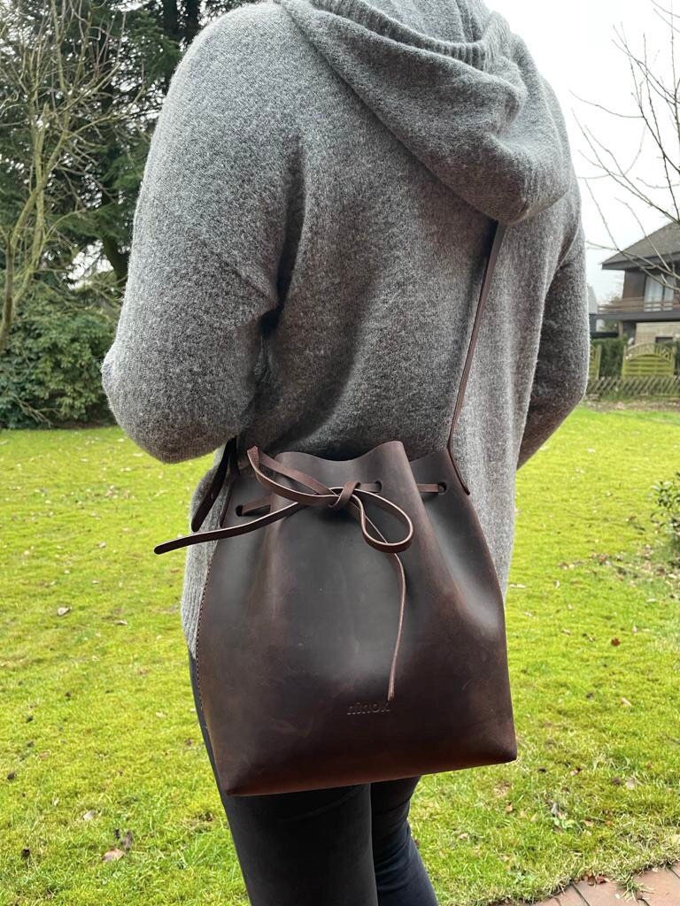 Brown Genuine Leather Top Handle Minimalist Bucket Bag with Wide Strap