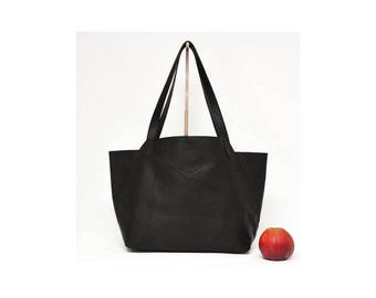 Shopper leather black ebony handle bag large