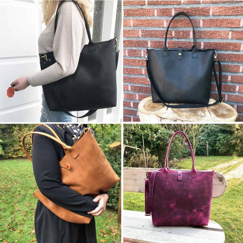 May include: Four different leather tote bags in black, brown, and burgundy. The bags have a single top handle and a long shoulder strap.