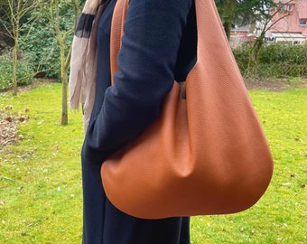 Hobo Bag cognac brown grained leather bag | Oversized woman timeless handbag | large minimalist Shoulder bag | shopping travel beach bag