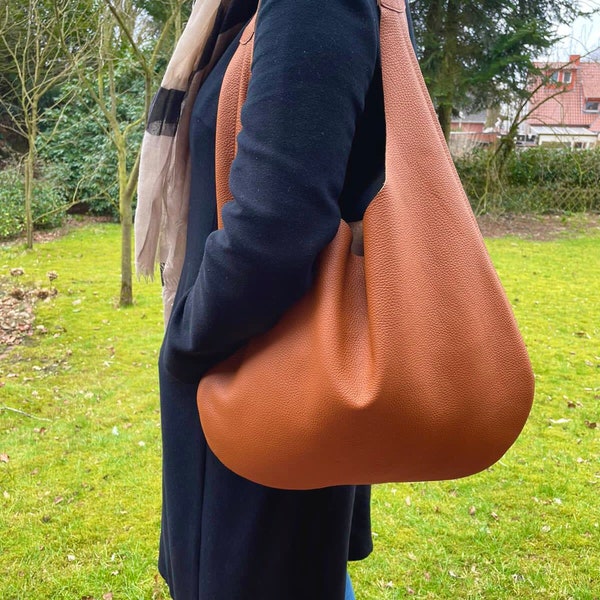 Hobo Bag cognac brown grained leather bag | Oversized woman timeless handbag | large minimalist Shoulder bag | shopping travel beach bag