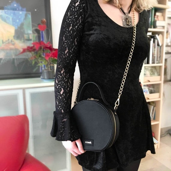 Leather Bag Black Circle Chain Bag Shoulderbag Handbag With Gold Chain Mini Chain Crossbody Bag Round Spring Summer Woman Handbag Etsy