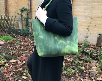 Leren tas shopper groene vintage minimalistische handtas | Grote schoudertas, schoudertas, damestas met handvat, boodschappentas
