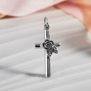 Sterling Silver Cross Pendant - Cross with Rose Pendant, Silver Cross, Silver Rose, Supplies, Spiritual, Religious Jewelry, Silver Flower