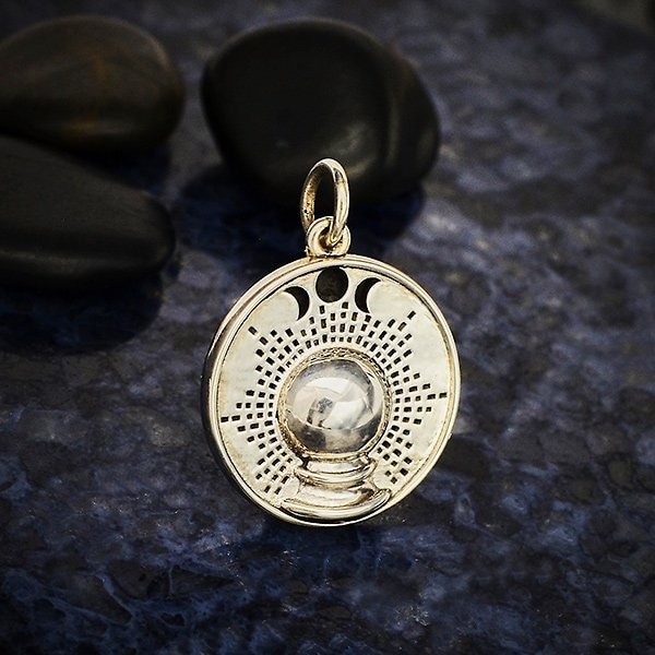 Crystal Bell Pendant - Sterling Silver Crystal Ball Charm with Moon Phases, Mystical Jewelry, Symbolic Jewelry, Celestial Charm, New Moon