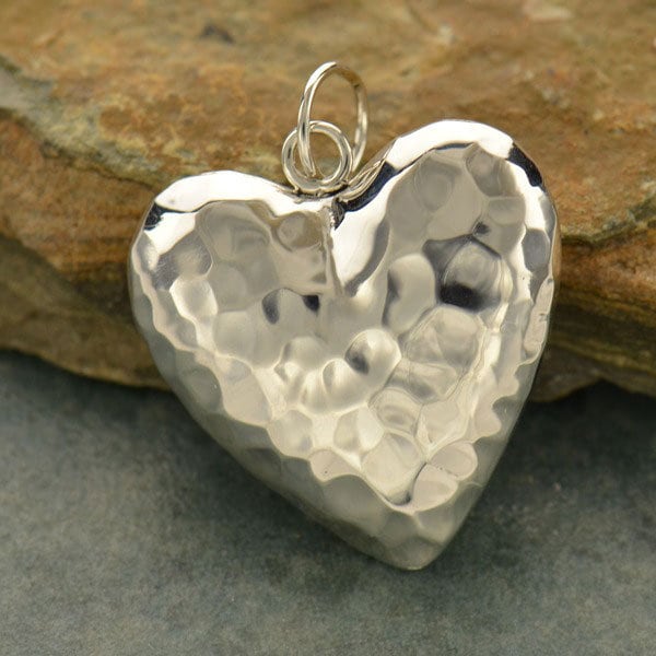 Sterling Silver Puffed Heart Charm - Hammered Heart, Valentines, Puffy Pendants, Big Heart, Heart Pendant, Silver Puffed Heart, Mother's Day